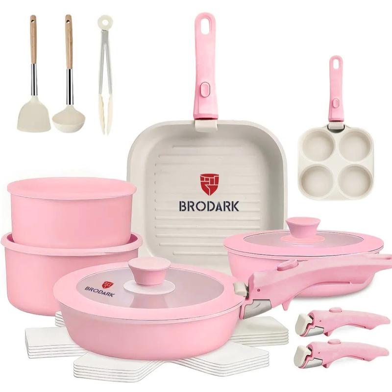 Set Desmontable 7/18/20/22 Piezas Ollas y Sartenes Serie de Colores Estilo Dopamina, Revestimiento Antiadherente Cerámico Sin PFAS, Compatible con todas las estufas y horno hasta 450°F, manijas desmontables, apto para lavavajillas