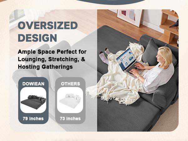 79" Convertible Sleeper Sofa Bed with 4 Pillows, 5-in-1 Corduroy Futon Couch for Small Spaces, Boneless Couch Floor Modular Sofa with Fixed-Shape Frame, For Guest Bed & Kids Play Area with Washable Cover,teddy sofa for Adults,No-Assembly