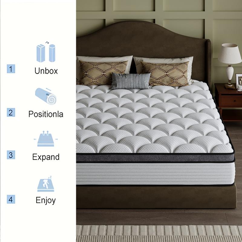 Colchón de diseño multicapa para un descanso confortable (disponible en tamaños Twin, Full, Queen y King; grosores de 10, 12 o 14 pulgadas). Cuenta con muelles ensacados individualmente para un soporte óptimo y se entrega en caja para facilitar su transpo