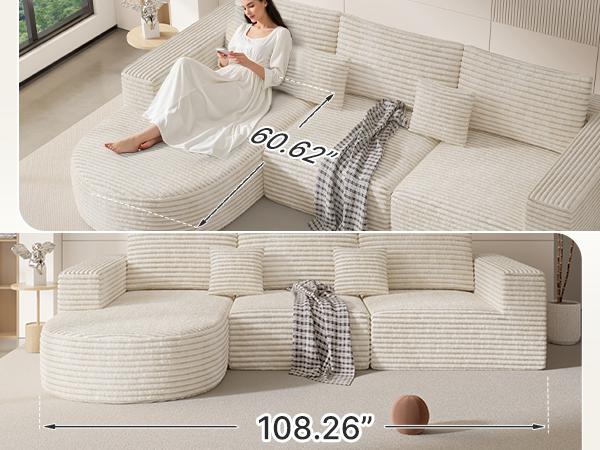 【2 Packages shipping】110" Modular Sectional Sofa Couches, Cloud Couches for Living Room, Boneless Sofa with Deep Seat,L-Shape Couch with Chaise,No Assembly Required,Beige,