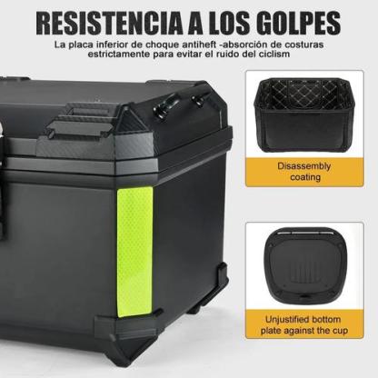 Caja Trasera Para Moto ABS 46L Alta Calidad Negro Maletero Top Case Porta Cascos Impermeable y Antirrobo con Soporte Universal y Tiras Reflectantes