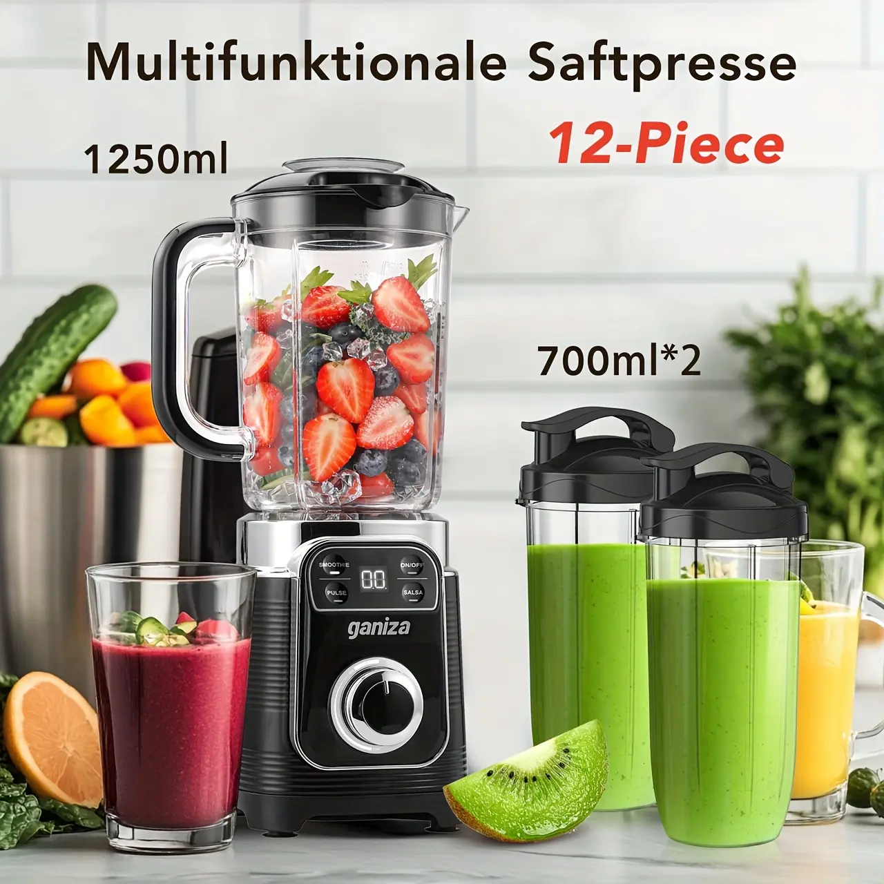 Licuadora profesional para batidos: motor de 1100 W, 25 000 RPM, 8 programas automáticos (fruta congelada, hielo), jarra grande de 64 oz (aprox. 1,9 l), licuadora de encimera 12 en 1, apta para lavavajillas, multifuncional (licuadora, extractor de jugos y