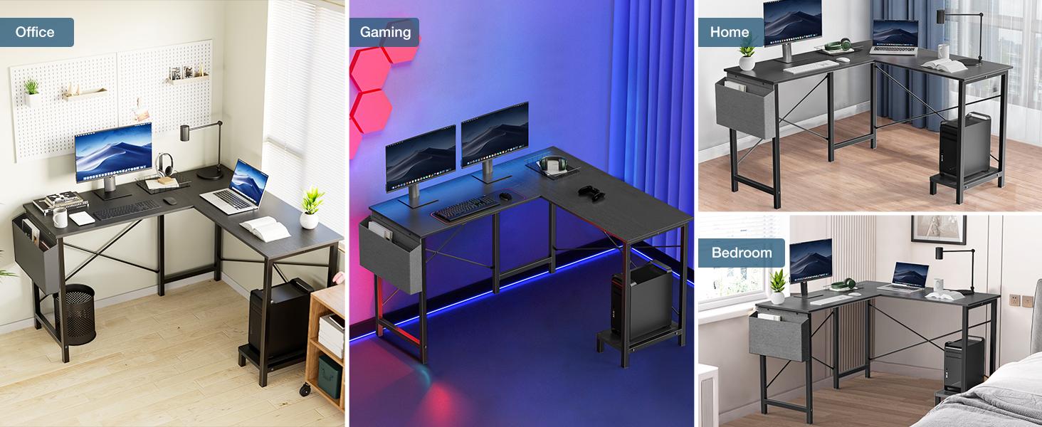 L Shaped Computer Desk with CPU Stand and Side Bag, Corner Gaming Desk for Home Office and Study