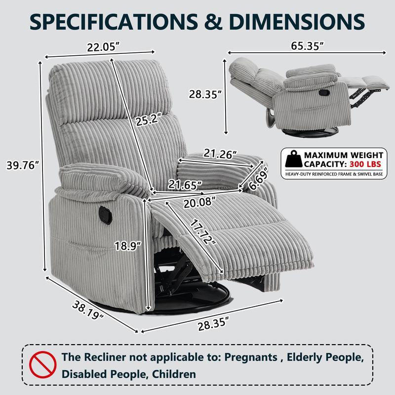 Sillón reclinable 3 en 1 con función de balanceo y giro: reclinación de 151°, giro de 360° y balanceo de 30°; sillón tapizado con bolsillos laterales para sala de estar, dormitorio, oficina, balcón o cualquier espacio; capacidad de 300 libras.