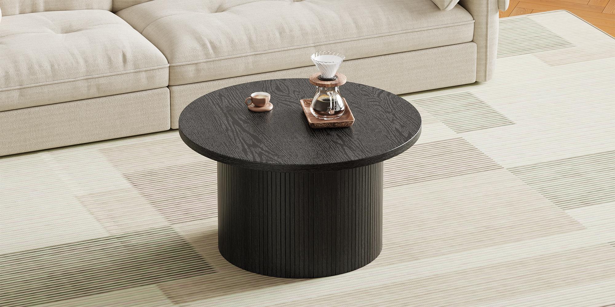 【DealsforYou】ONBRILL 31.5" Gorgeous Fluted Coffee Table, Round Mid Century Coffee Tables for Living Room, Cute Modern Wood Coffee Table, Drum Accent Small Center Table, Bedroom Furniture, Christmas Gift