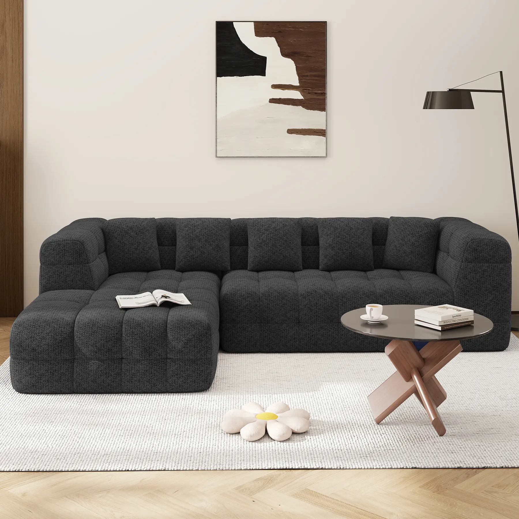 Sofá modular de chenilla de 107 pulgadas con chaise longue en forma de L, cómodo sofá seccional con diseño capitoné, sofá moderno tapizado, sofá seccional sin montaje