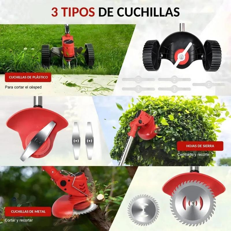 Cortacésped Eléctrico Portátil Inalámbrico Plegable con Ruedas Soplador 2 en 1 Rojo