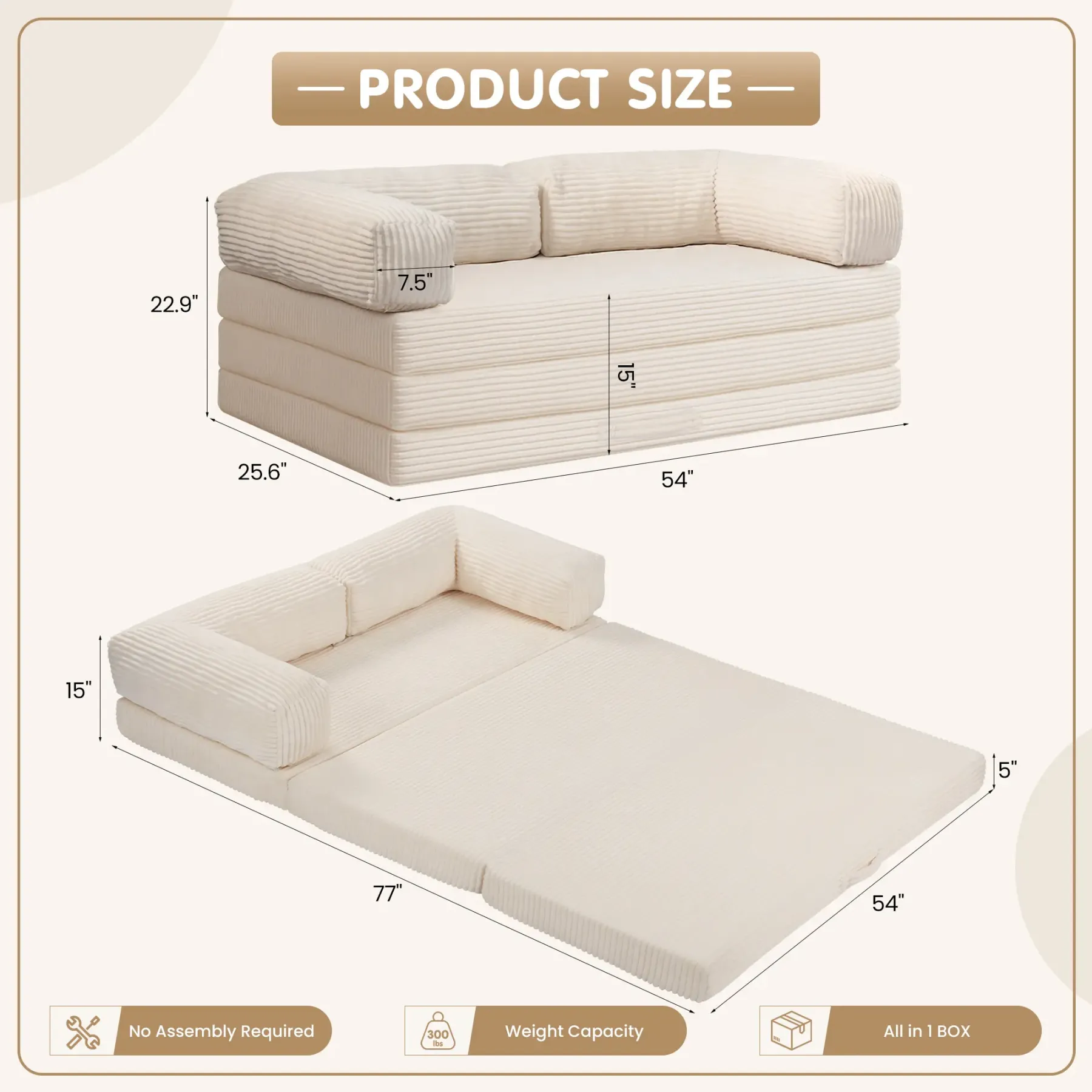 Sofá cama convertible 5 en 1 con reposabrazos y colchón plegable en tres partes