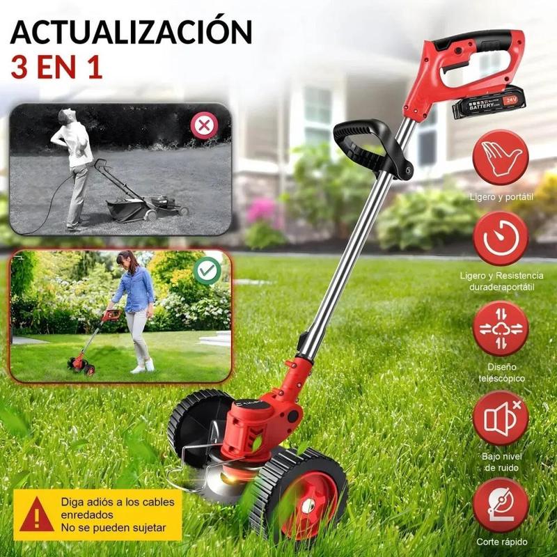 Cortacésped Eléctrico Portátil Inalámbrico Plegable con Ruedas Soplador 2 en 1 Rojo