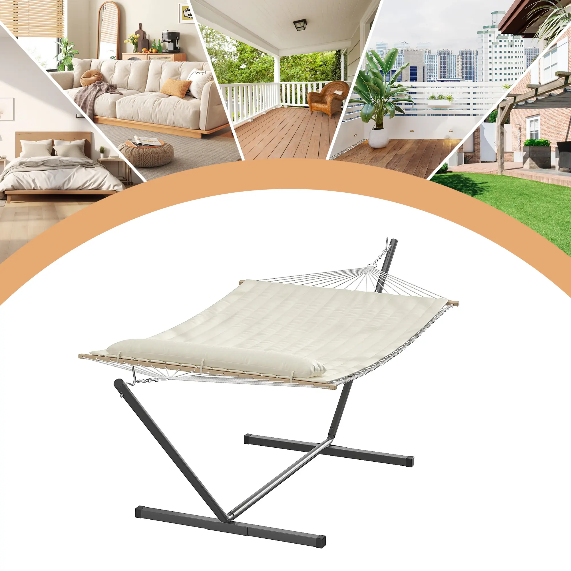 Hamaca doble portátil con soporte de acero para relajarse al aire libre