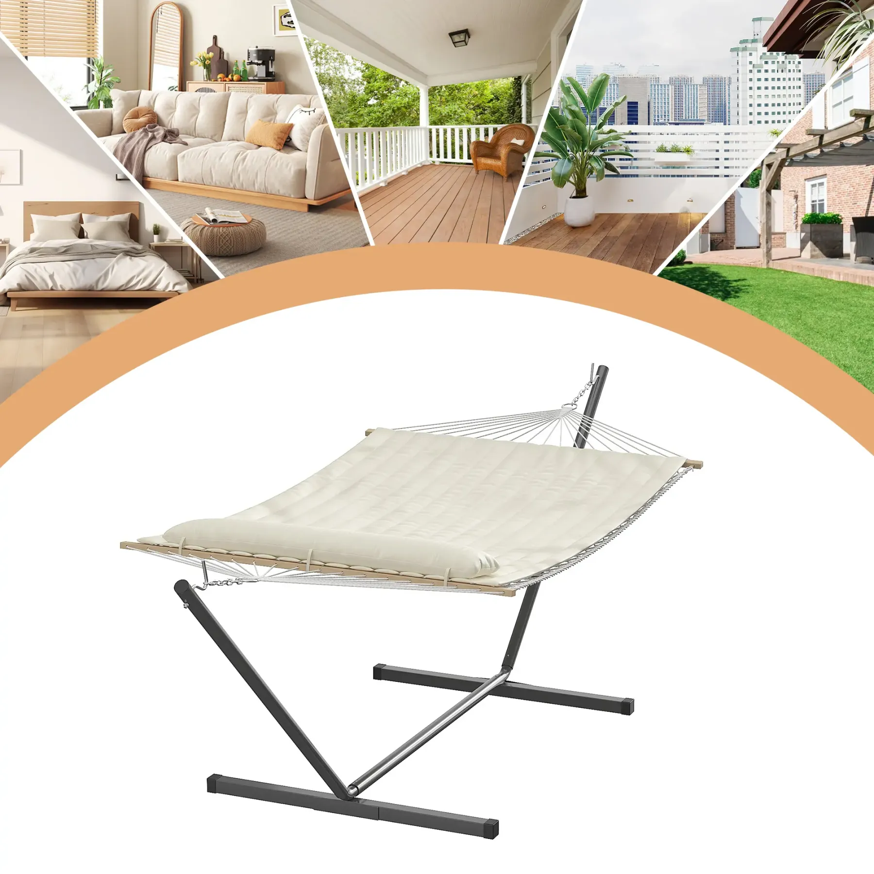 Hamaca doble portátil con soporte de acero para relajarse al aire libre