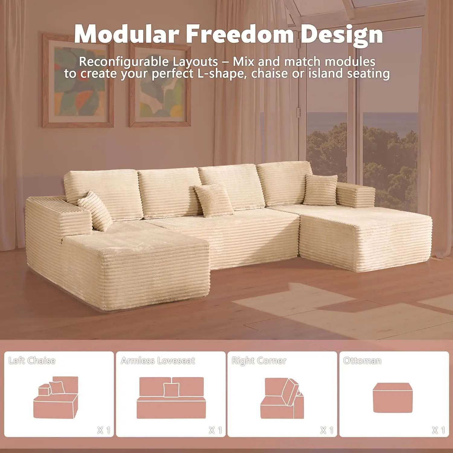 Sofá modular de pana en forma de U con otomana - 133 x 70 pulgadas