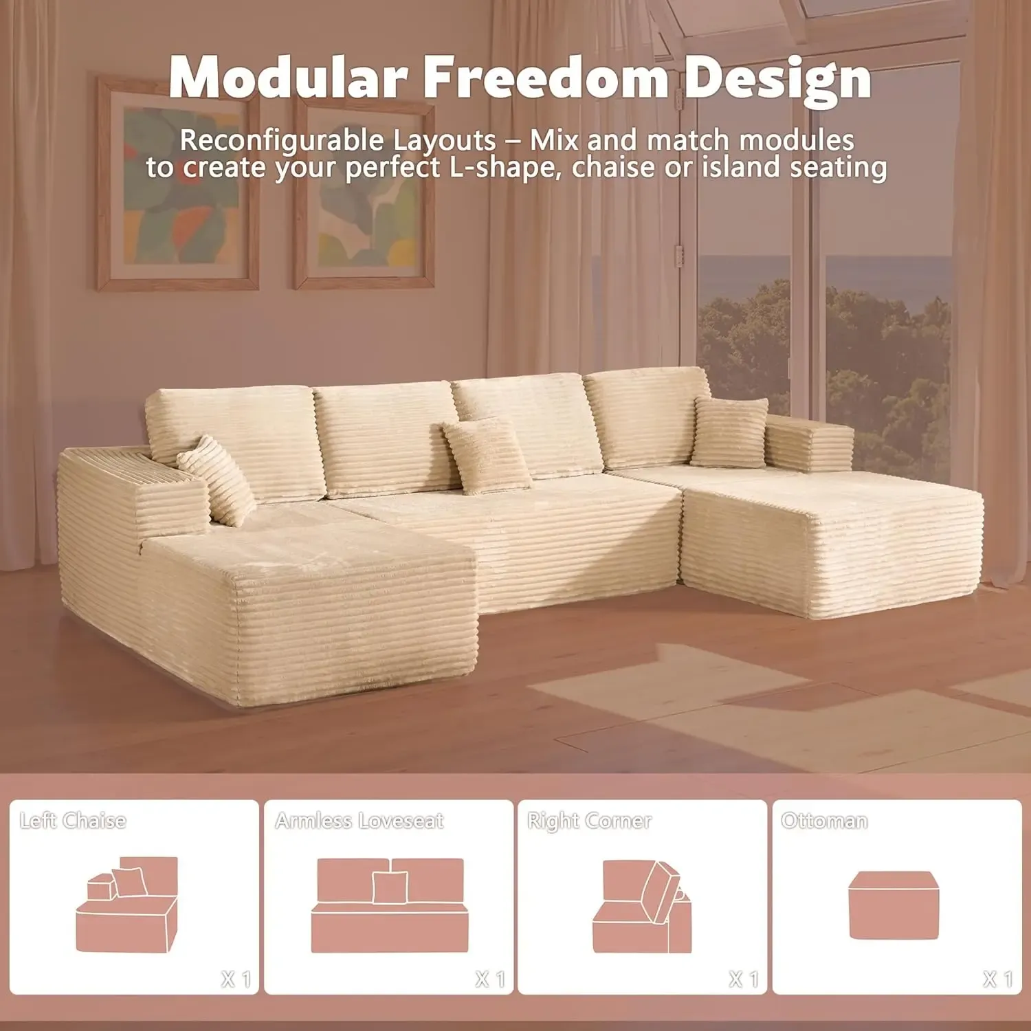 Sofá modular de pana en forma de U con otomana - 133 x 70 pulgadas
