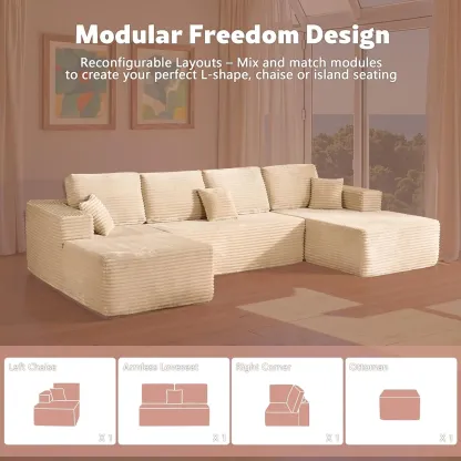 Sofá modular de pana en forma de U con otomana - 133 x 70 pulgadas