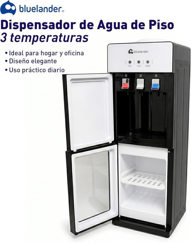 Dispensador de Agua Garrafón 28x26x89 cm 3 Temperaturas Fría Caliente Tibia con Grifos Metálicos y Gabinete de Almacenamiento
