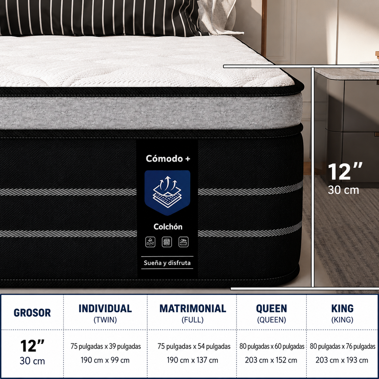 Colchón Híbrido DealsForYouDays de 12/14 Pulgadas en Caja | Resortes Ensacados, Espuma Viscoelástica y Firmeza Media