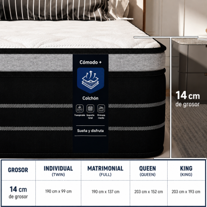 Colchón Híbrido DealsForYouDays de 12/14 Pulgadas en Caja | Resortes Ensacados, Espuma Viscoelástica y Firmeza Media