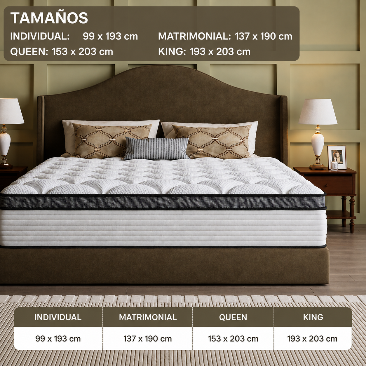 Colchón de diseño multicapa para un descanso confortable (disponible en tamaños Twin, Full, Queen y King; grosores de 10, 12 o 14 pulgadas). Cuenta con muelles ensacados individualmente para un soporte óptimo y se entrega en caja para facilitar su transpo