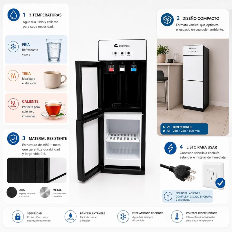 Dispensador de Agua Garrafón 28x26x89 cm 3 Temperaturas Fría Caliente Tibia con Grifos Metálicos y Gabinete de Almacenamiento