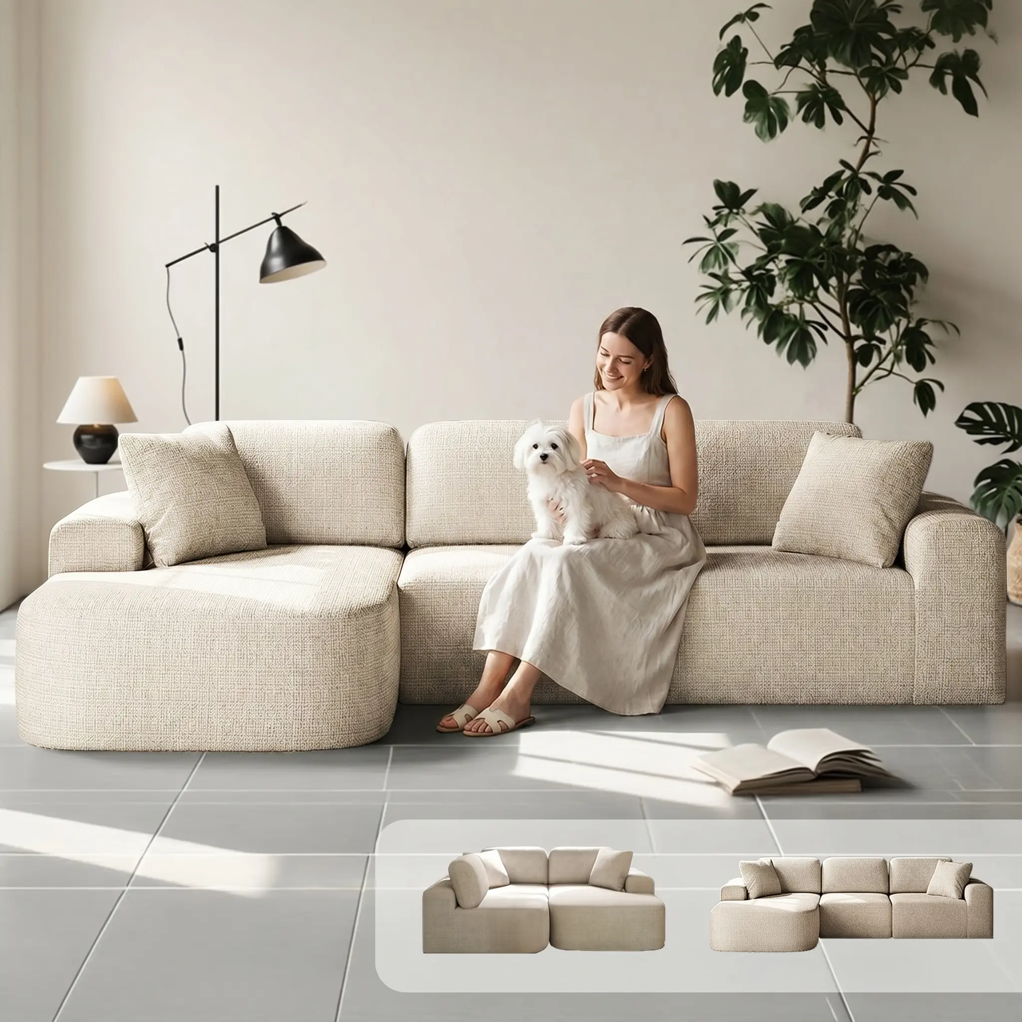 Sofá seccional modular de 107 pulgadas con chaise longue: tapicería de tejido moderno