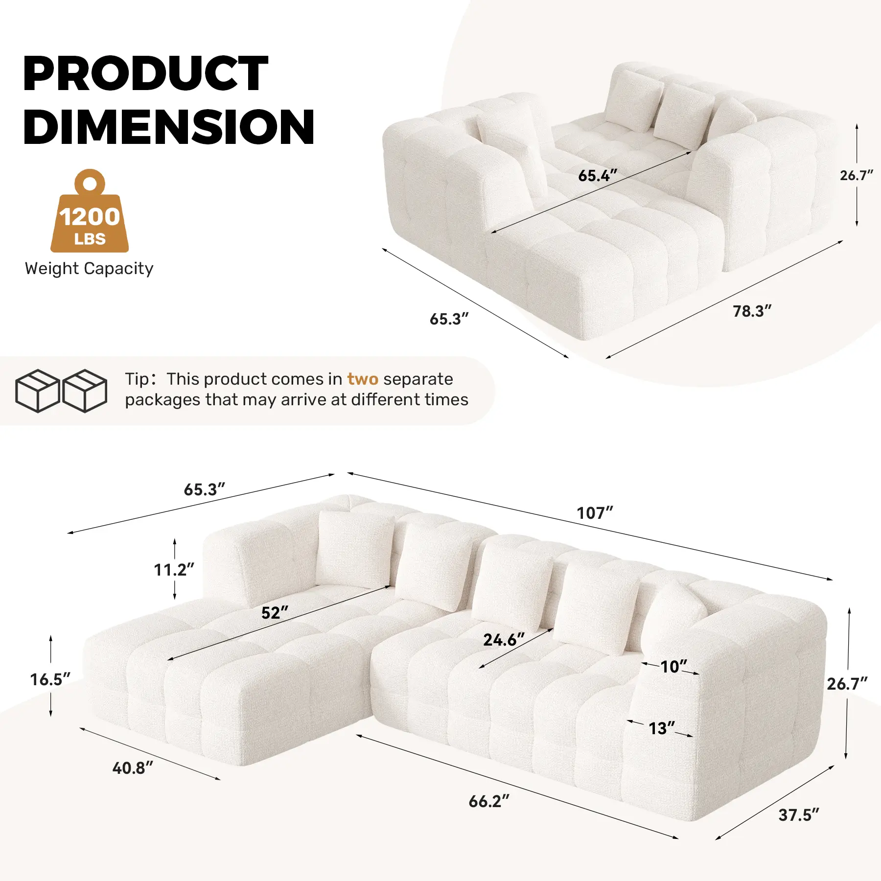 Sofá modular de chenilla de 107 pulgadas con chaise longue en forma de L, cómodo sofá seccional con diseño capitoné, sofá moderno tapizado, sofá seccional sin montaje