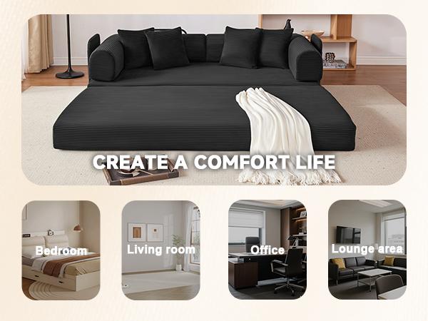 79" Convertible Sleeper Sofa Bed with 4 Pillows, 5-in-1 Corduroy Futon Couch for Small Spaces, Boneless Couch Floor Modular Sofa with Fixed-Shape Frame, For Guest Bed & Kids Play Area with Washable Cover,teddy sofa for Adults,No-Assembly