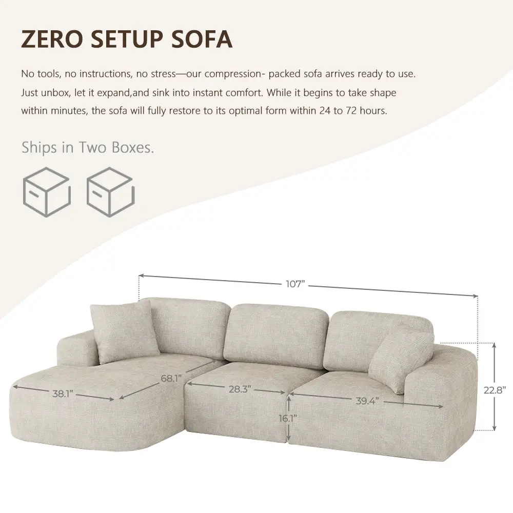 Sofá seccional modular de 107 pulgadas con chaise longue: tapicería de tejido moderno