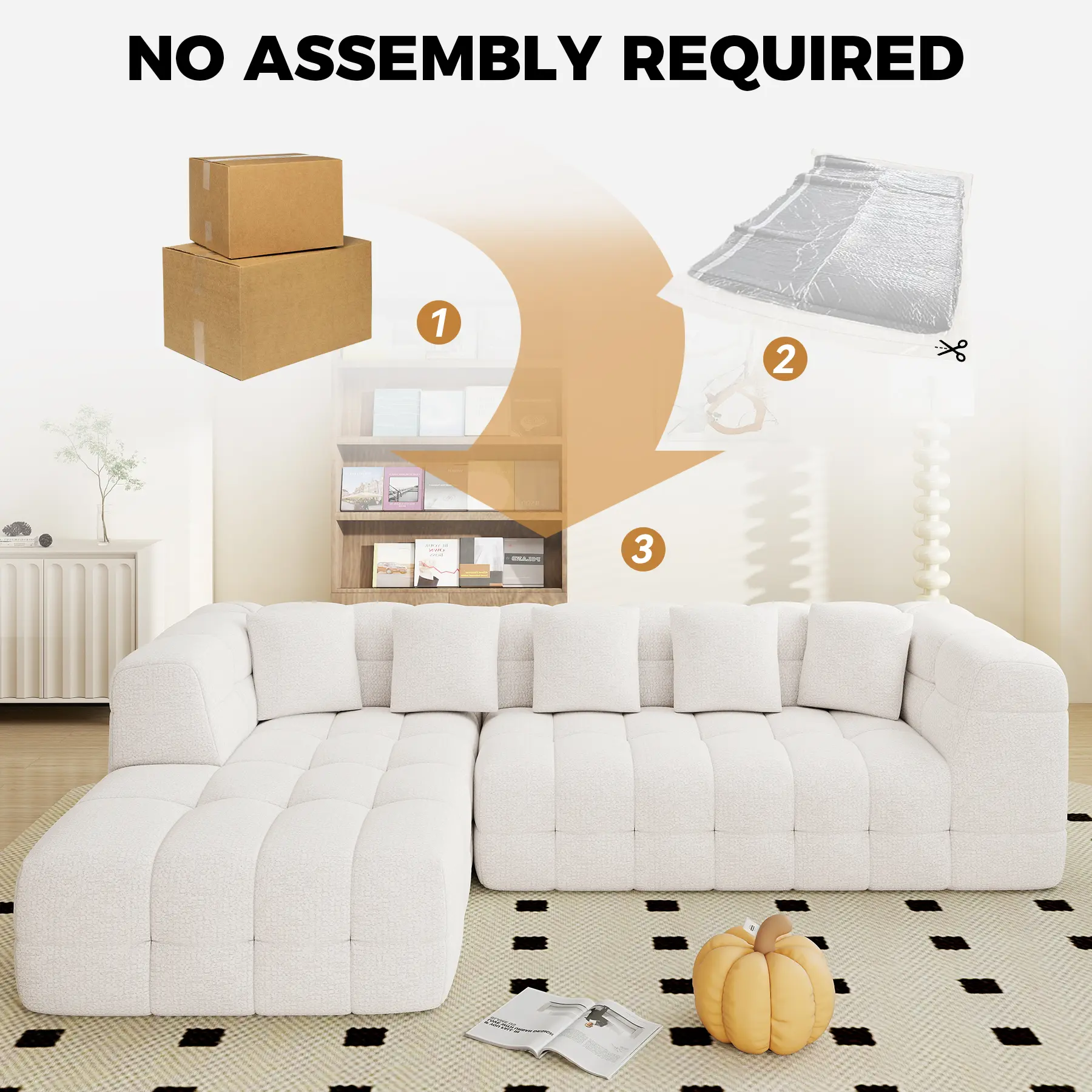 Sofá modular de chenilla de 107 pulgadas con chaise longue en forma de L, cómodo sofá seccional con diseño capitoné, sofá moderno tapizado, sofá seccional sin montaje
