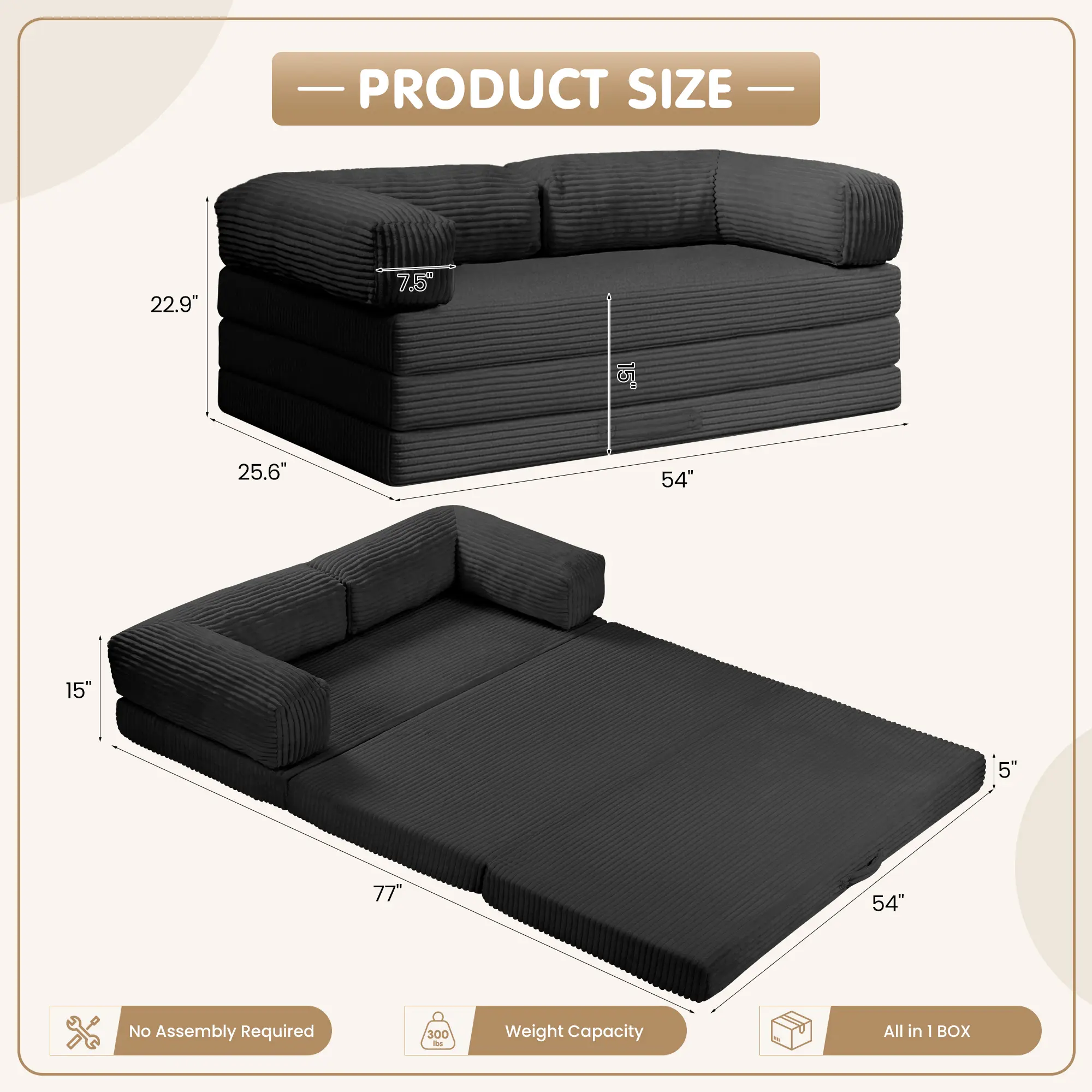 Sofá cama convertible 5 en 1 con reposabrazos y colchón plegable en tres partes