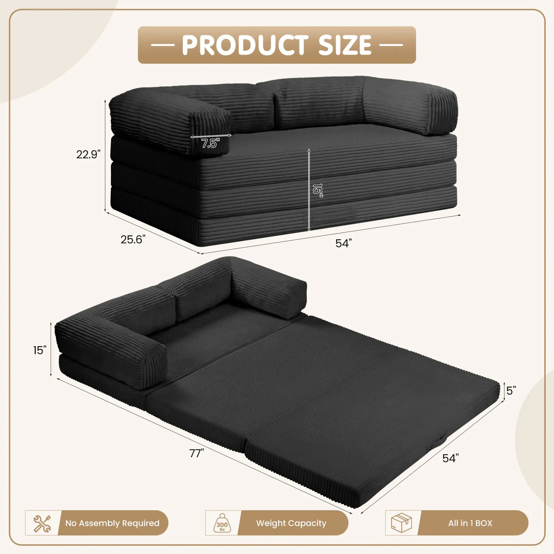 Sofá cama convertible 5 en 1 con reposabrazos y colchón plegable en tres partes