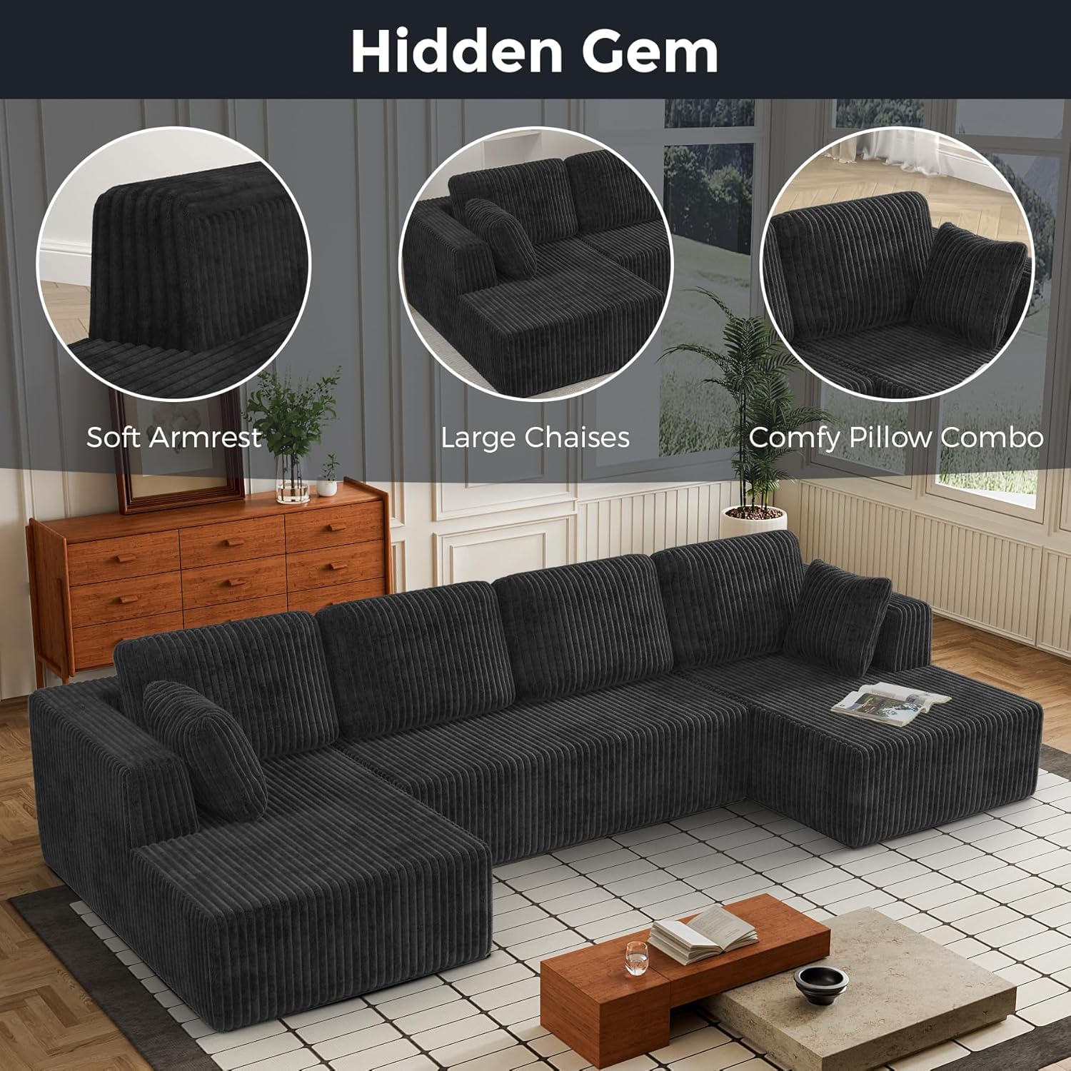 【2-3 Packages】 Niccae 132'' U-shape Boneless Memory Foam Sectional Sofa, Compressed Corduroy Sectional Couches, Oversized U Shape Comfy Modular Compression Cloud Sleeper Sofa with Deep Seat, Space-Saving Recliner Design 【2-3 Packages】 Niccae 132'' U-shape Boneless Memory Foam Sectional Sofa, Compressed Corduroy Sectional Couches, Oversized U Shape Comfy Modular Compression Cloud Sleeper Sofa with Deep Seat, Space-Saving Recliner Design