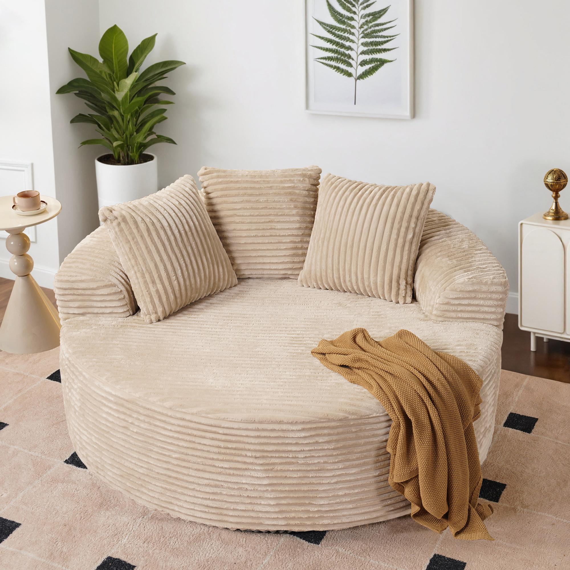 Ovios 59" W Oversized Round Sofa Bed - Fluffy Lazy Bean Bag, Modern Deep Seat Couch for Relaxation, Plush Corduroy Fabric, 3 Pillows Included, No Assembly Required