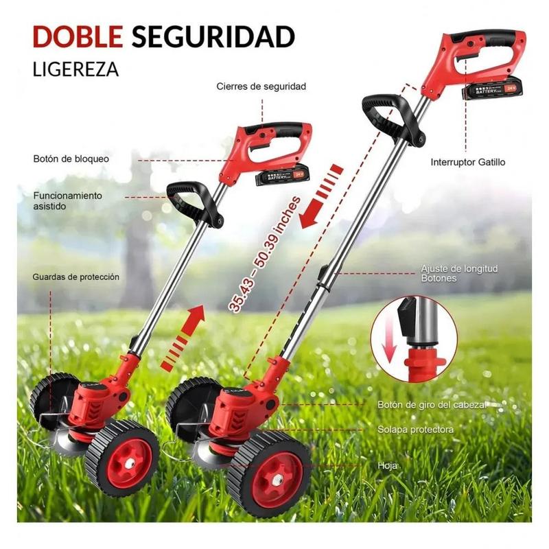 Cortacésped Eléctrico Portátil Inalámbrico Plegable con Ruedas Soplador 2 en 1 Rojo