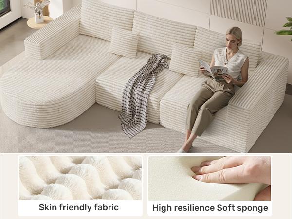 【2 Packages shipping】110" Modular Sectional Sofa Couches, Cloud Couches for Living Room, Boneless Sofa with Deep Seat,L-Shape Couch with Chaise,No Assembly Required,Beige,