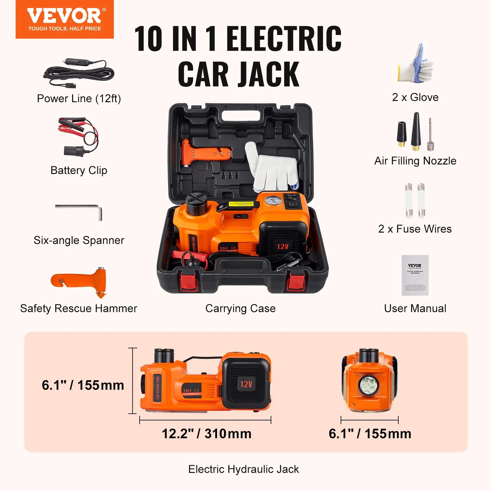 Gato hidráulico eléctrico para coche de 5 toneladas con inflador