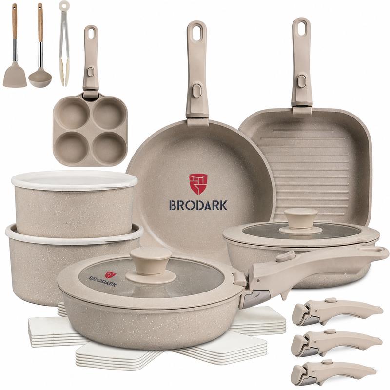 Set Desmontable 7/18/20/22 Piezas Ollas y Sartenes Serie de Colores Estilo Dopamina, Revestimiento Antiadherente Cerámico Sin PFAS, Compatible con todas las estufas y horno hasta 450°F, manijas desmontables, apto para lavavajillas