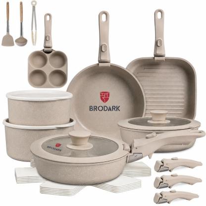 Set Desmontable 7/18/20/22 Piezas Ollas y Sartenes Serie de Colores Estilo Dopamina, Revestimiento Antiadherente Cerámico Sin PFAS, Compatible con todas las estufas y horno hasta 450°F, manijas desmontables, apto para lavavajillas