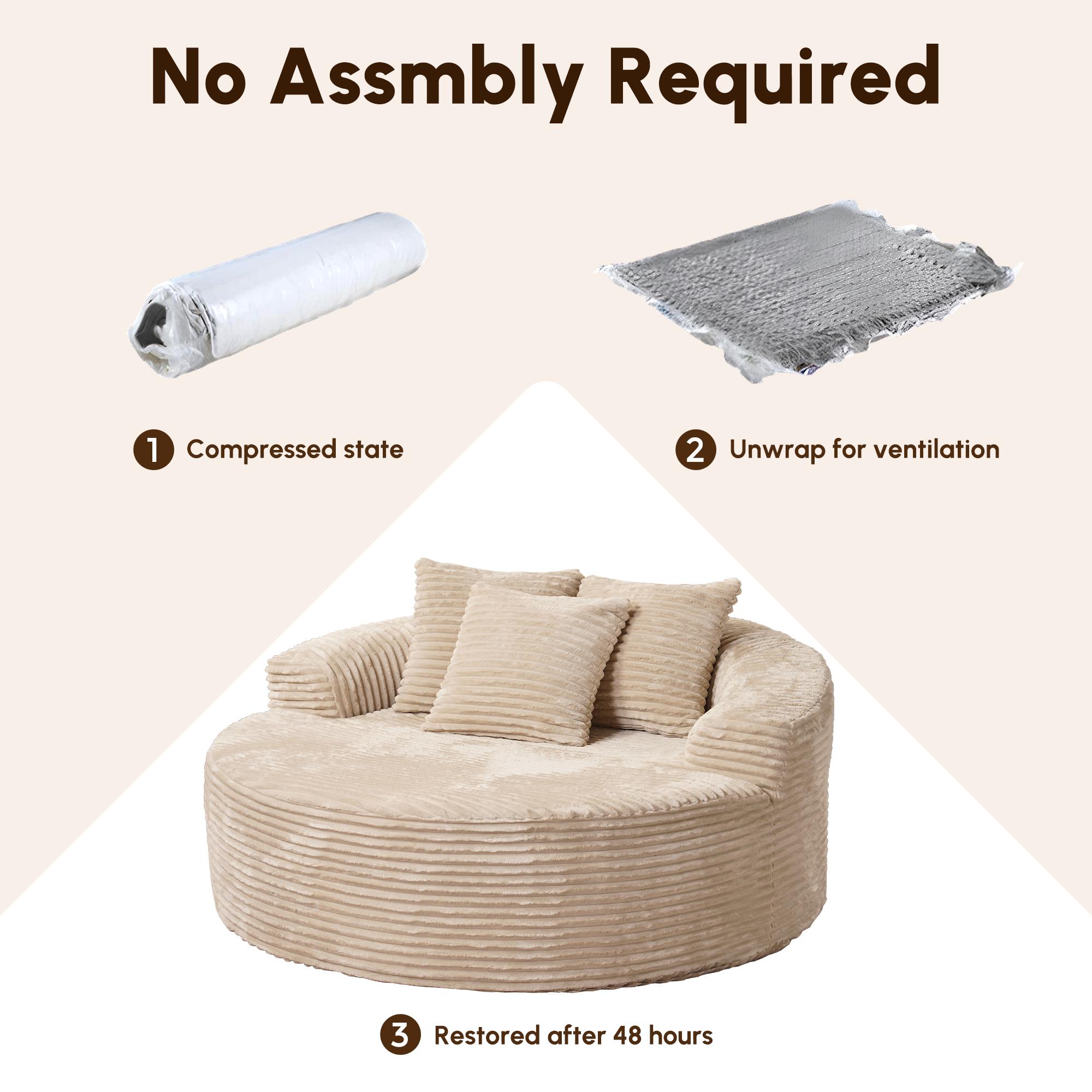 Ovios 59" W Oversized Round Sofa Bed - Fluffy Lazy Bean Bag, Modern Deep Seat Couch for Relaxation, Plush Corduroy Fabric, 3 Pillows Included, No Assembly Required