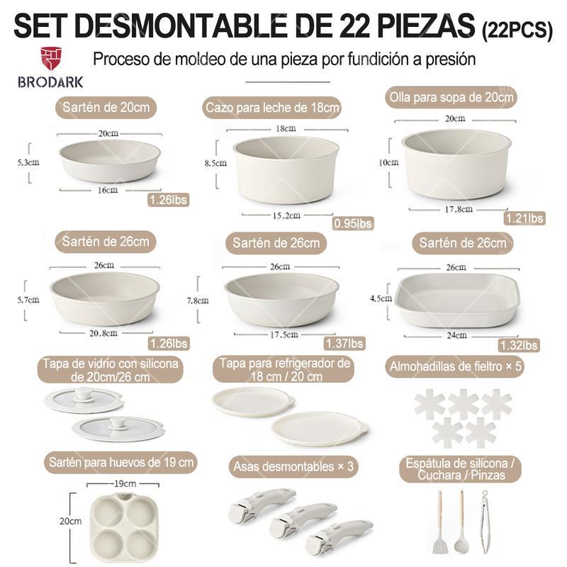 Set Desmontable 7/18/20/22 Piezas Ollas y Sartenes Serie de Colores Estilo Dopamina, Revestimiento Antiadherente Cerámico Sin PFAS, Compatible con todas las estufas y horno hasta 450°F, manijas desmontables, apto para lavavajillas