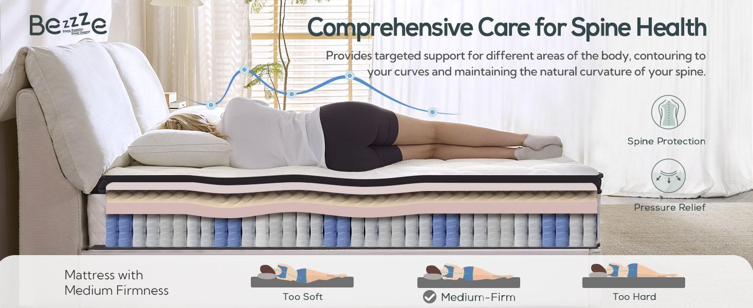 Bezzze Queen Hybrid Mattress in a Box 3-in-1 Comfort Memory Foam Supportive Coils for Zero Motion Transfer Back Lumbar Support Medium Firm Soft Multiple Sizes Twin Full Queen Pressure Relief Traditional Coil Mattress