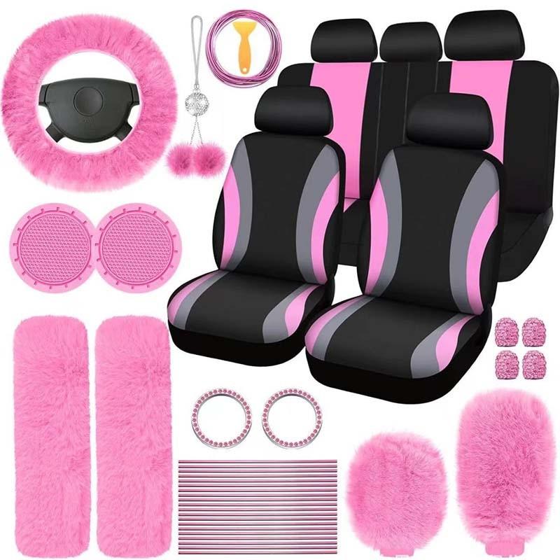 Juego de fundas para asientos y accesorios interiores: fundas de poliéster fino para 5 asientos, funda de felpa para el volante, almohadillas para los cinturones, funda para la palanca de cambios, adornos para el retrovisor, posavasos, tapones para válvul
