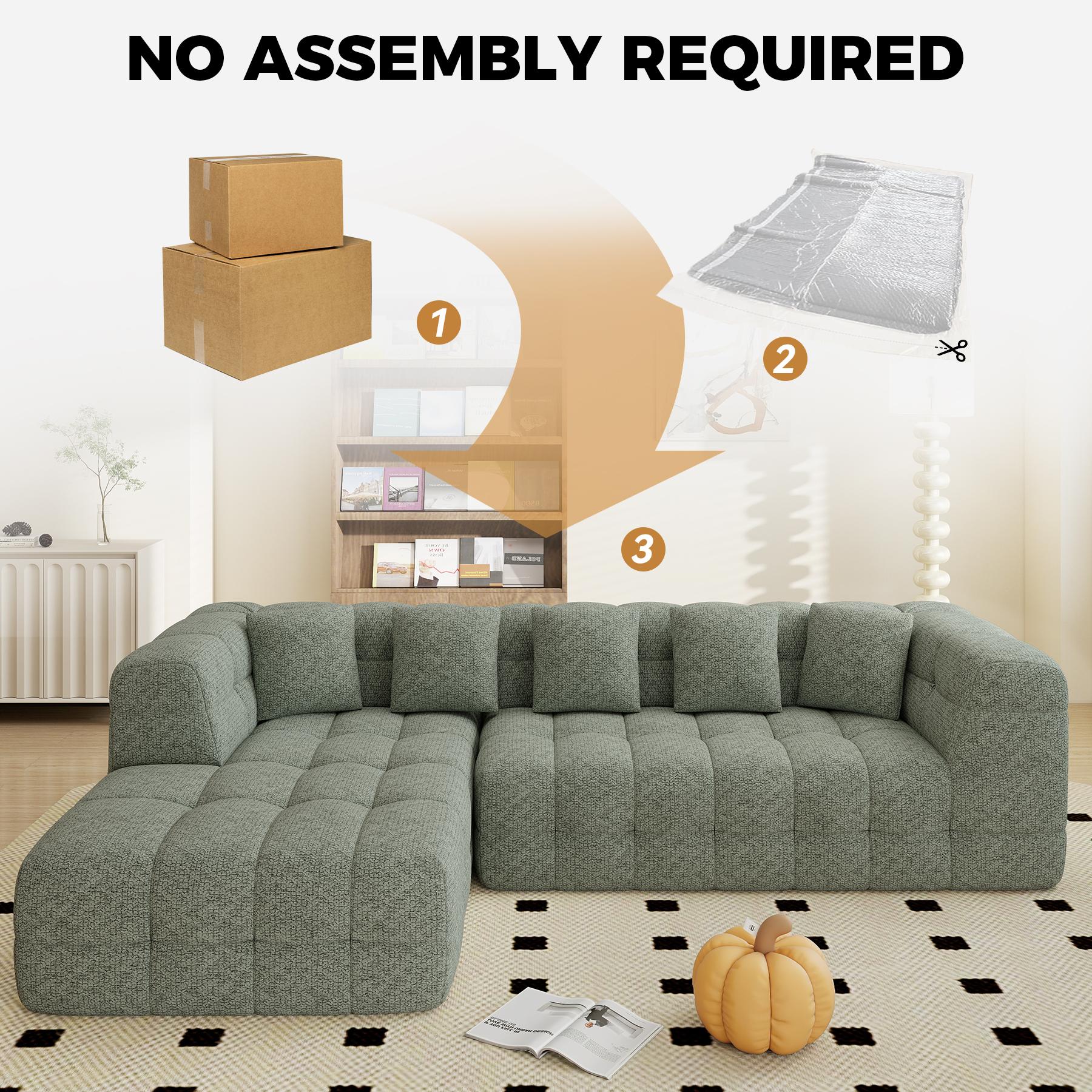 107" Chenille Boneless Couch with L - Shaped Chaise, Comfy Modular Sectional Sofa with Tufted Design, Modern Upholstered Sofa, No - Assembly Sectional Couch,  Modular Sectional, Tufted Design, Modern Upholstered, No-Assembly