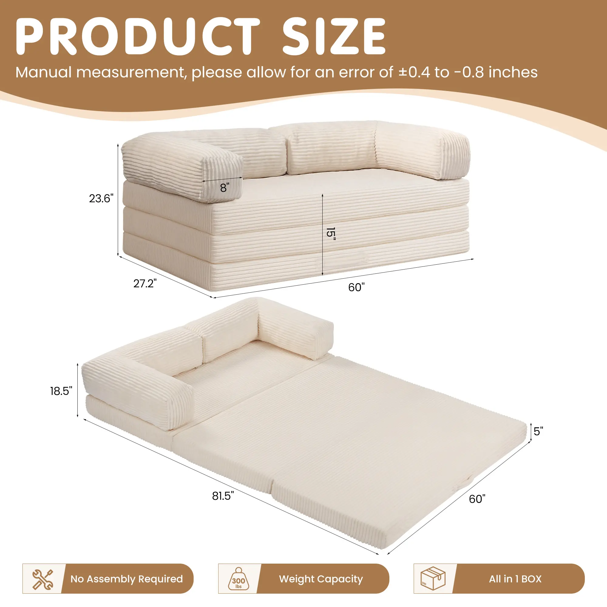 Sofá cama convertible 5 en 1 con reposabrazos y colchón plegable en tres partes