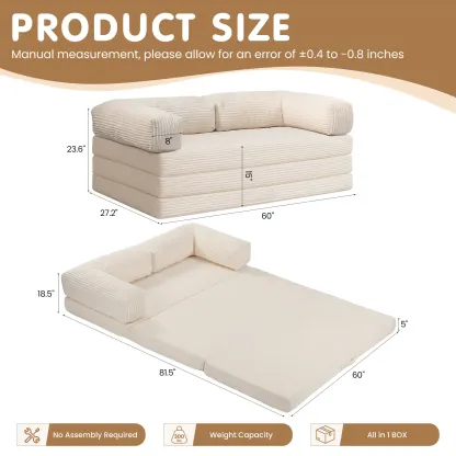 Sofá cama convertible 5 en 1 con reposabrazos y colchón plegable en tres partes