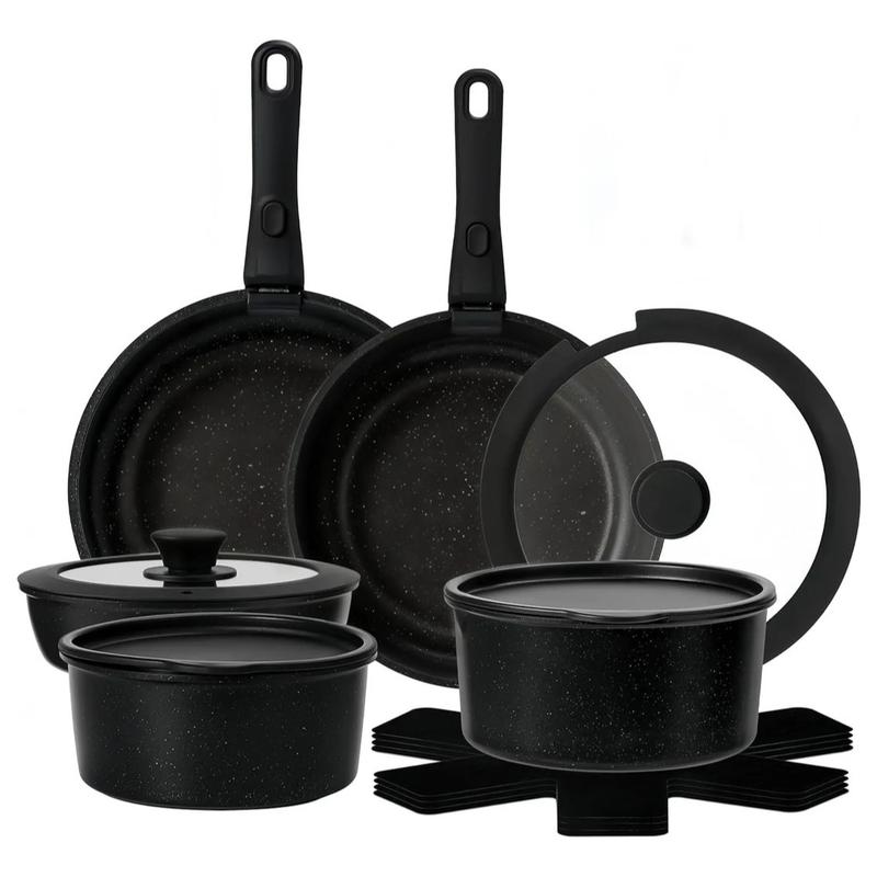 Batería De Cocina 15/17/22 Piezas Juego De Sartenes Ollas  Utensilios Sartenes Antiadherentes Con Mangos Desmontables Y Tapas De Vidrio Para Inducción, Gas Y Horno Negro Blanco Libre de PTFE, PFOA, plomo y cadmio. Cocina con menos aceite, sin que se pegue