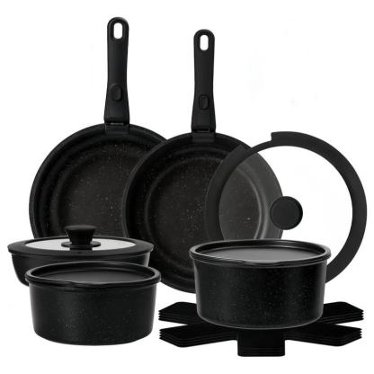 Batería De Cocina 15/17/22 Piezas Juego De Sartenes Ollas  Utensilios Sartenes Antiadherentes Con Mangos Desmontables Y Tapas De Vidrio Para Inducción, Gas Y Horno Negro Blanco Libre de PTFE, PFOA, plomo y cadmio. Cocina con menos aceite, sin que se pegue