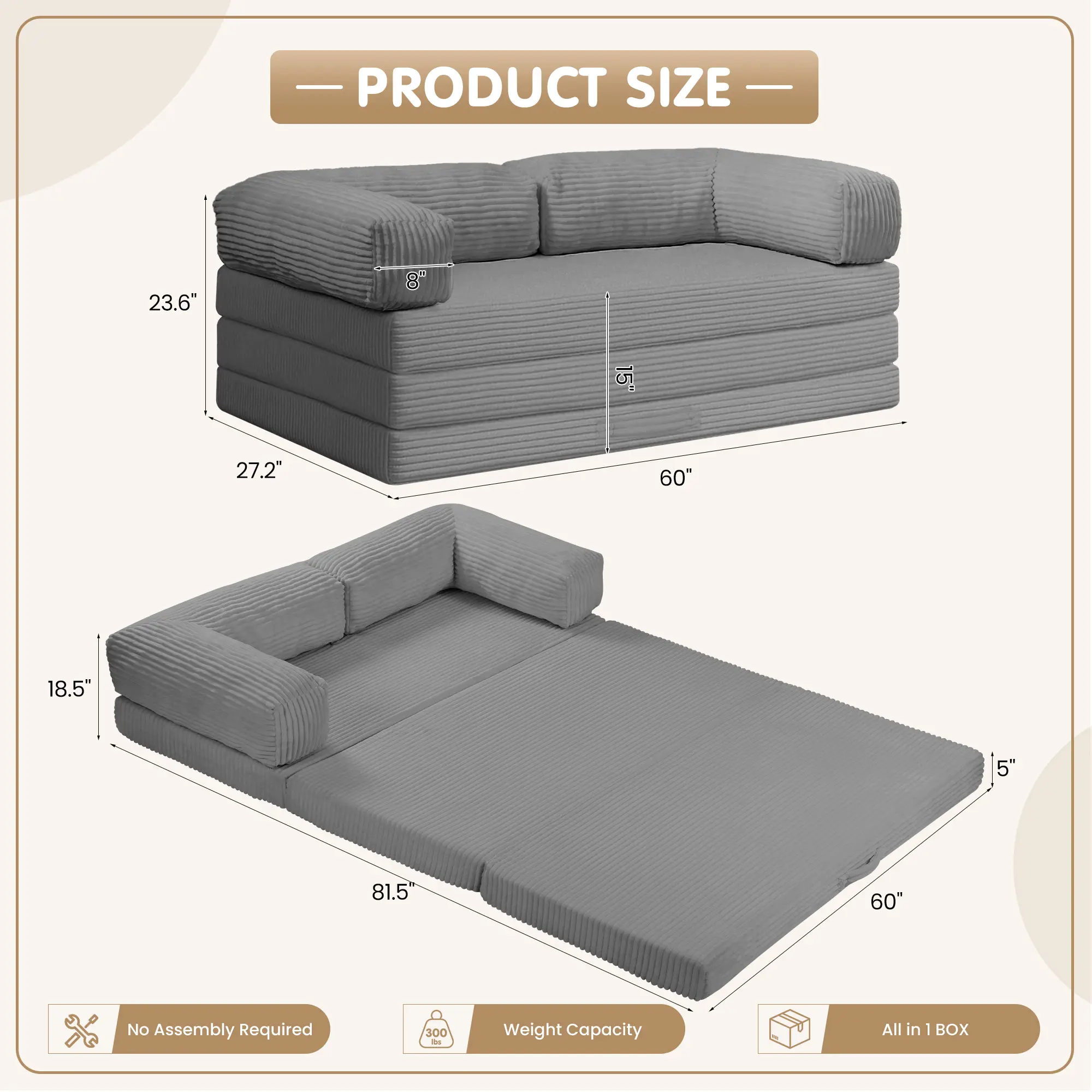 Sofá cama convertible 5 en 1 con reposabrazos y colchón plegable en tres partes