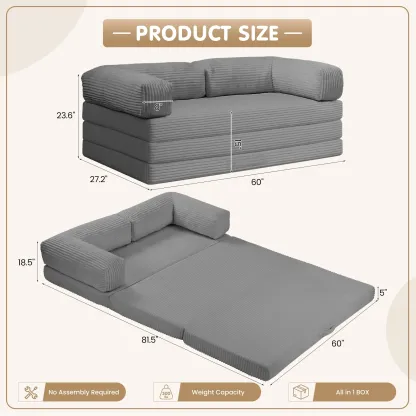 Sofá cama convertible 5 en 1 con reposabrazos y colchón plegable en tres partes