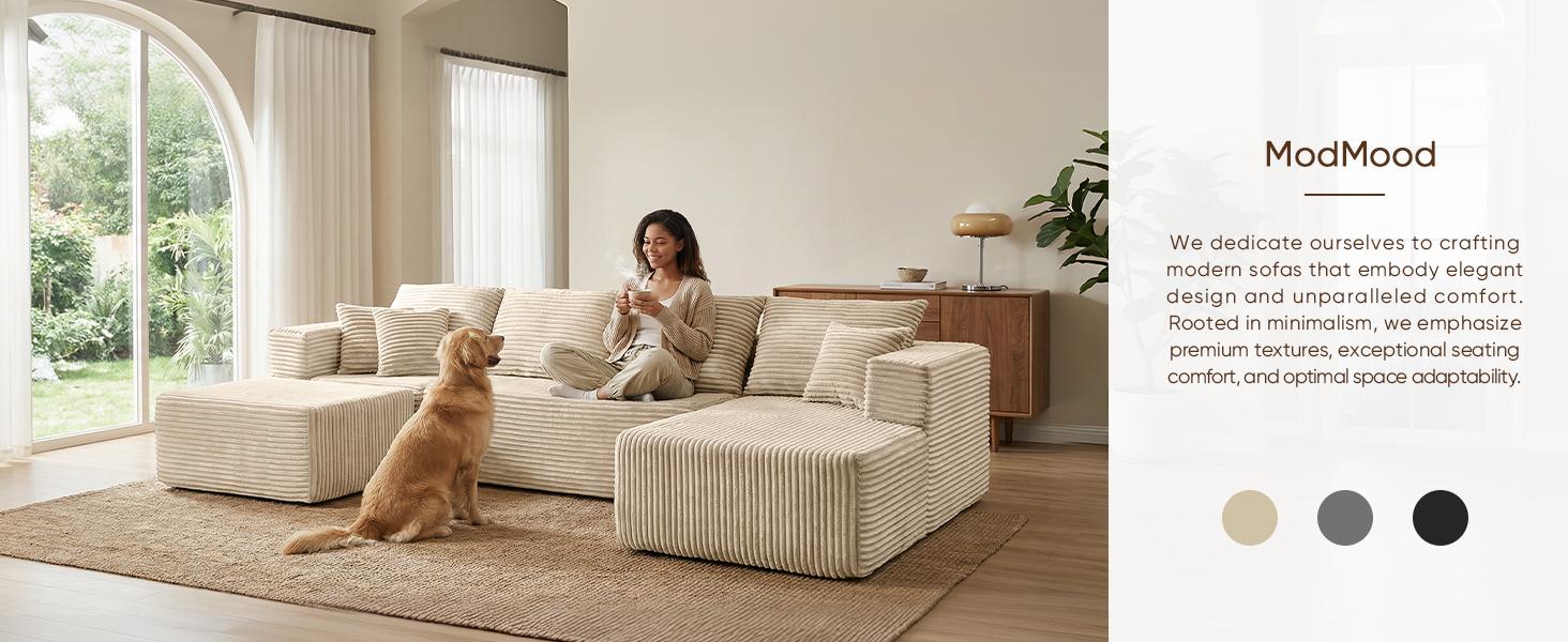 ModMood U-Shaped Modular Sectional Sofa with Ottoman, 133x70" Corduroy Convertible Sleeper Couch, Space-Saving Compressed Sofa, 7 Free Pillows, 【2 Packages】 for Living Room, Cozy Cloud Couch for Family & Gaming Boneless Modern Sofa