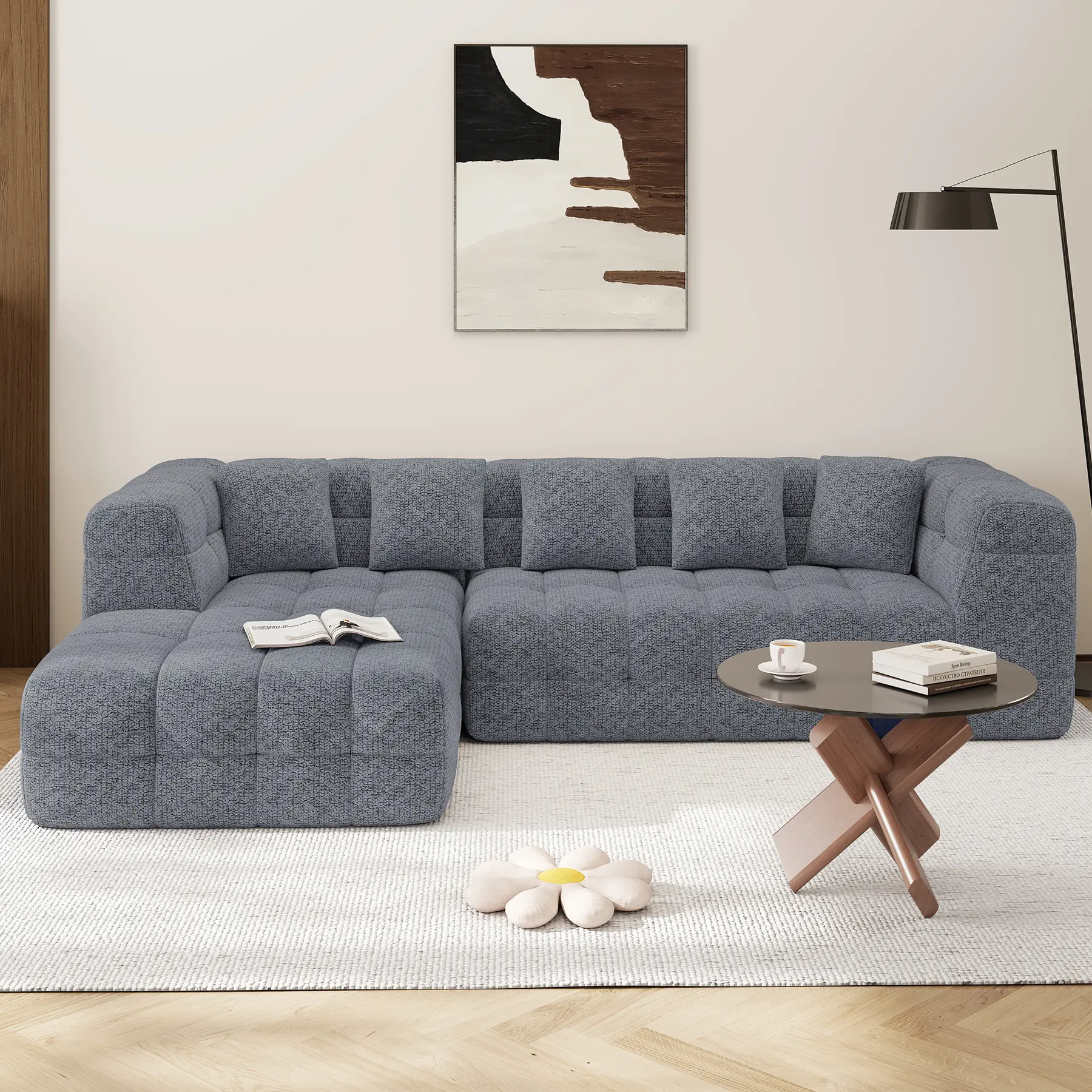 Sofá modular de chenilla de 107 pulgadas con chaise longue en forma de L, cómodo sofá seccional con diseño capitoné, sofá moderno tapizado, sofá seccional sin montaje